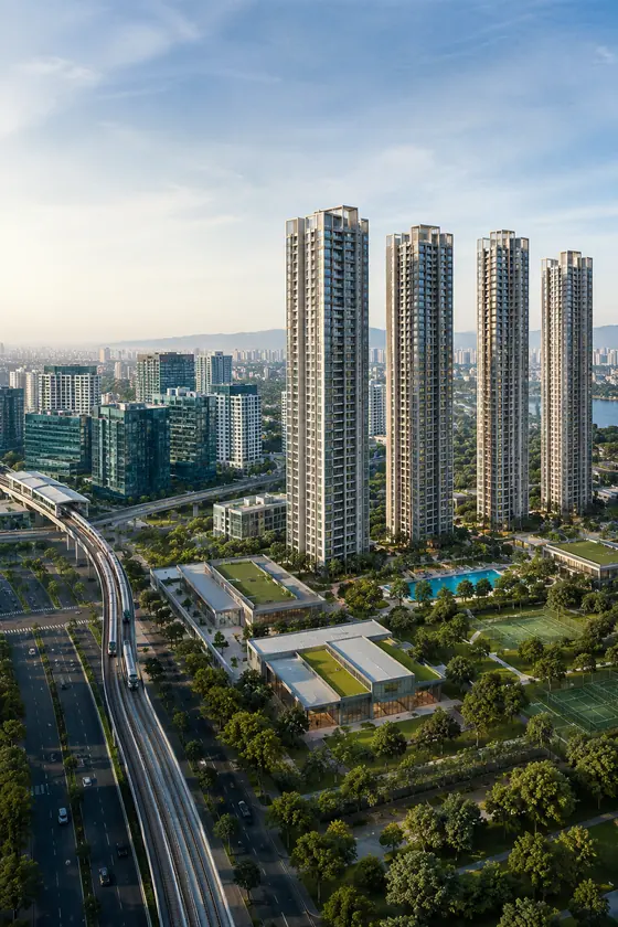 Prestige Falcon City Thane: high-rise towers, greens, clubhouse and metro line – artist's impression