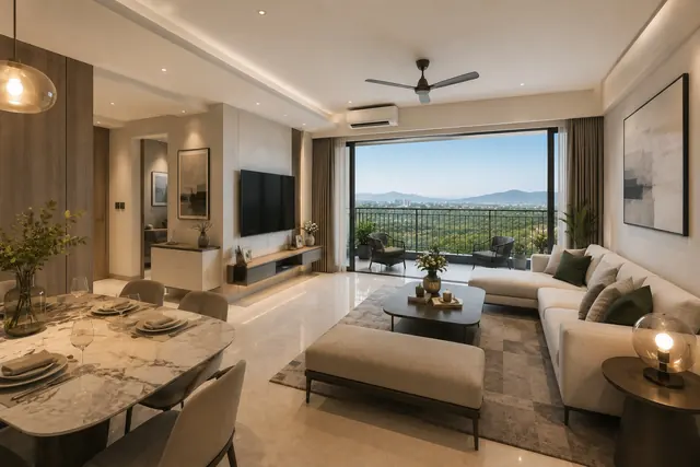 3 BHK living room at Prestige Falcon City Thane – artist's impression
