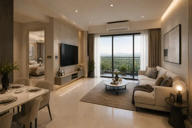 2 BHK living room at Prestige Falcon City Thane – artist's impression